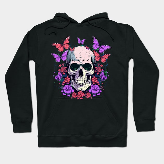 Psychedelic Neon Skull with Roses and Butterflies Hoodie by TOKEBI